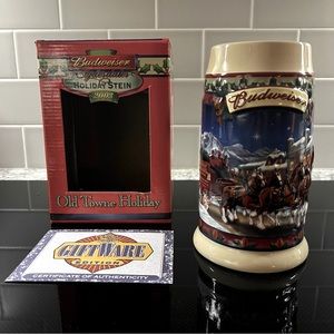 2003 NIB BUDWEISER CLYDESDALES “OLD TOWNE HOLIDAY” CERAMIC STEIN